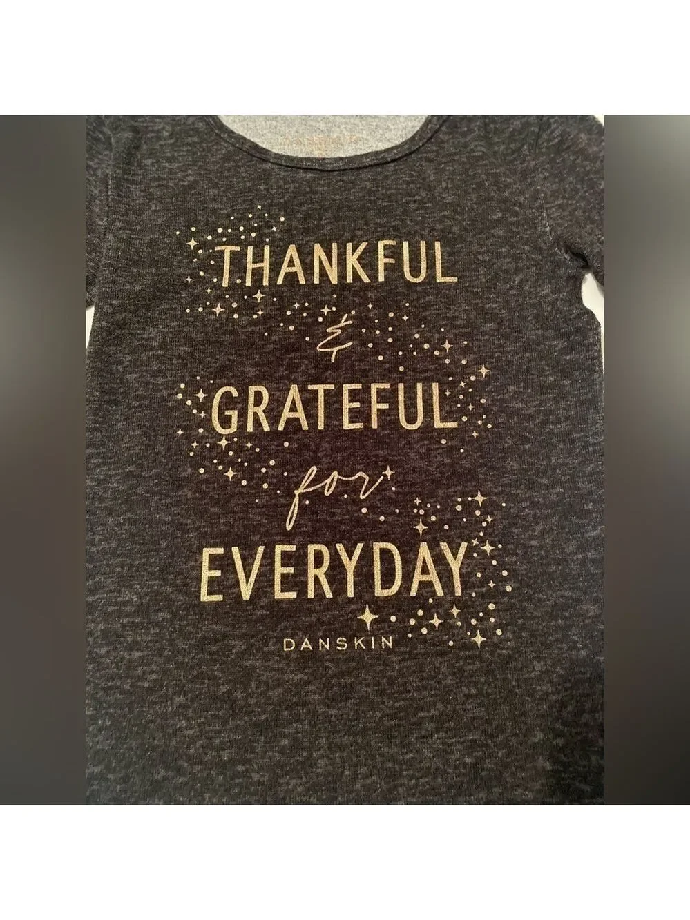 Danskin Girl’s Shirt, Size 8, Grey Charcoal Black “Thankful, Grateful, Everyday”